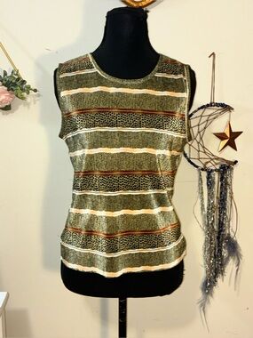 Plissé green rust brown velvet-texture Y2K striped tank (M)